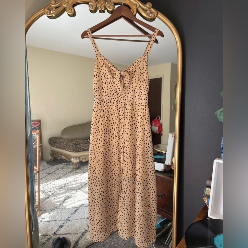 Leopard Print Front Tie Spaghetti Strap Midi Dress Women